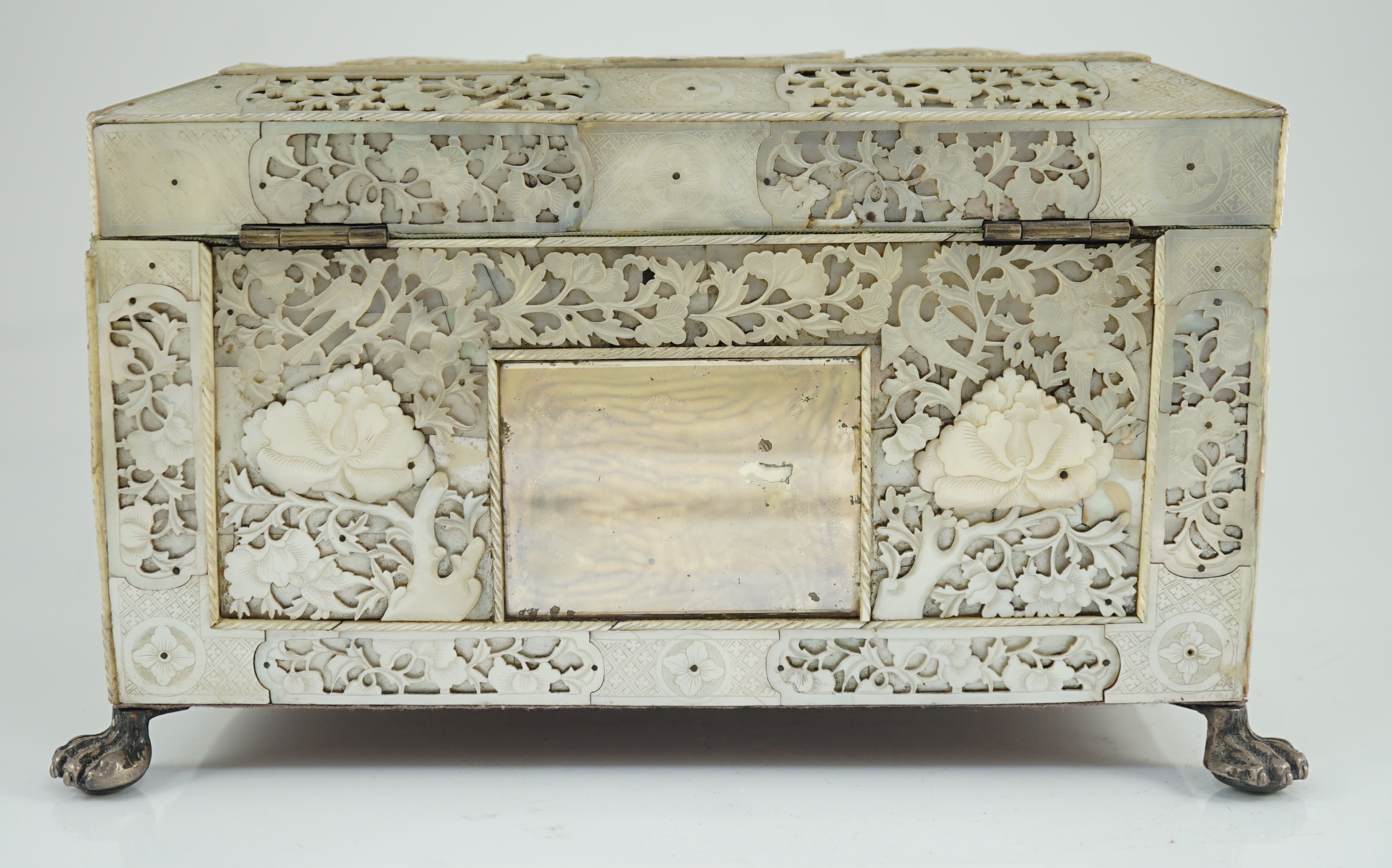 A rare Chinese export mother-of-pearl and reverse painted glass mounted casket, late 18th century, 27.5cm wide at feet, 15.5cm high, some damage